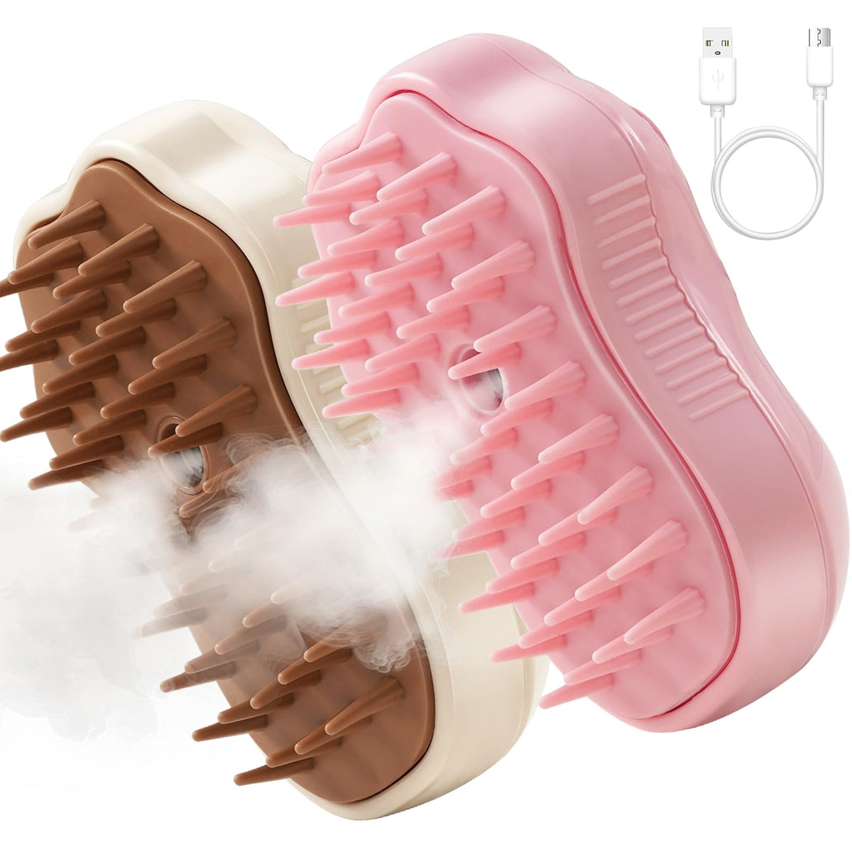 FRAMICS 2 Count Cat Claw Hair Brush Set 3 in 1 Function Rechargeable Steamy Pet Brush Self-Clean Silicone Spray Cat Steamer Brush Massage Pet Hair Removal Comb Multi Teeth Pink/Brown